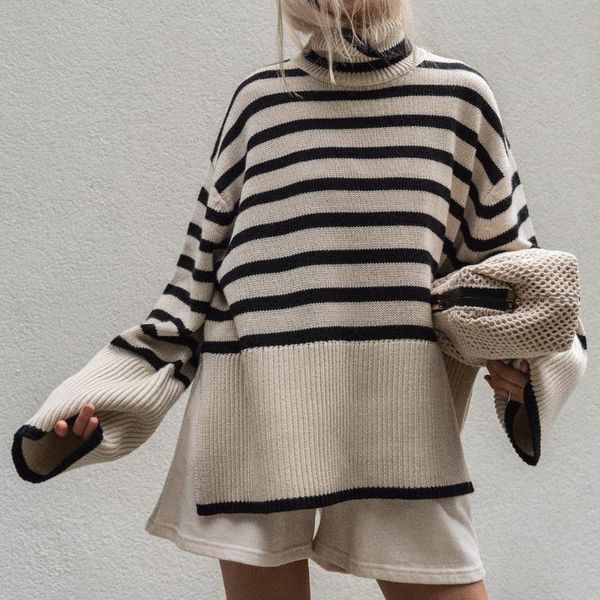 women's sweaters turtleneck striped women vintage wide sleeves kintted pullovers ladies atumun loose split knitted jumpers 2021, White;black
women's sweaters turtleneck striped women vintage wide sleeves kintted pullovers ladies atumun loose split knitted jumpers 2021, White;black