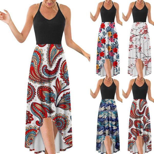 skirts clothing women v-neck elegant irregular hem prints long party dress spaghetti strap casual ladies vestidos mujer, Black 
skirts clothing women v-neck elegant irregular hem prints long party dress spaghetti strap casual ladies vestidos mujer, Black