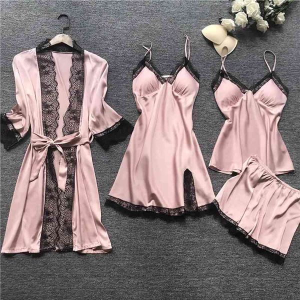 women pajamas sets satin sleepwear silk 4 pieces nightwear pyjama spaghetti strap lace sleep lounge pijama with chest pads, Black;red
women pajamas sets satin sleepwear silk 4 pieces nightwear pyjama spaghetti strap lace sleep lounge pijama with chest pads, Black;red