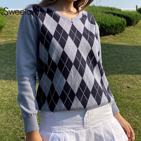 sweetown argyle plaid oversized jumpers for women preppy style 90s pullover knitwear v neck long sleeve autumn winter sweaters, Black;white
sweetown argyle plaid oversized jumpers for women preppy style 90s pullover knitwear v neck long sleeve autumn winter sweaters, Black;white