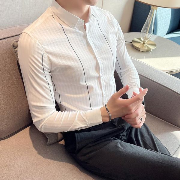 men's casual shirts luxury social striped shirt male punk gothic streetwear style long sleeve loose men dress, White;black
men's casual shirts luxury social striped shirt male punk gothic streetwear style long sleeve loose men dress, White;black