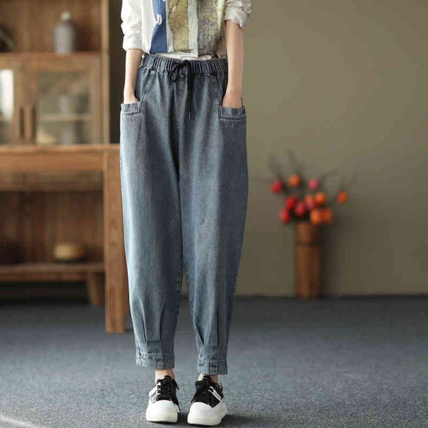 johnature women denim vintage long pants elastic waist pockets spring solid color fold women clothes casual trouser 210521, Black;white
johnature women denim vintage long pants elastic waist pockets spring solid color fold women clothes casual trouser 210521, Black;white