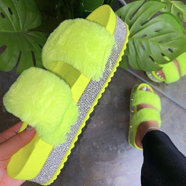 woman summer slippers fashion double row plush slides platform rhinestone sandals faux fur pantuflas de mujer female shoes, Black
woman summer slippers fashion double row plush slides platform rhinestone sandals faux fur pantuflas de mujer female shoes, Black