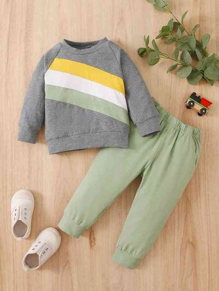 baby color block raglan sleeve pullover & sweatpants she, White