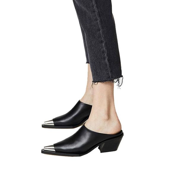 slippers metal decor pointed toe chunky heel women slipper black white genuine leather cover head mules shoes
slippers metal decor pointed toe chunky heel women slipper black white genuine leather cover head mules shoes