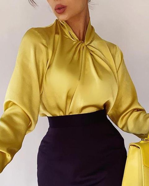 women's blouses & shirts 2021 women elegant fashion shirt female basic black brief party long sleeve twist button satin yellow cross, White
women's blouses & shirts 2021 women elegant fashion shirt female basic black brief party long sleeve twist button satin yellow cross, White