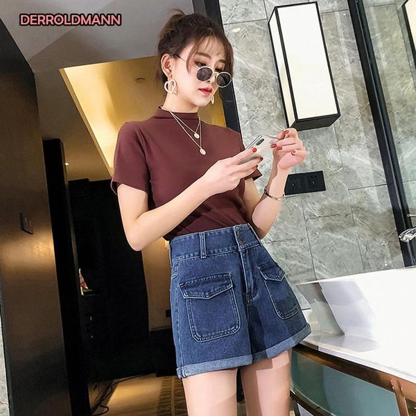 summer women short pants washed straight denim high waist jeans with cuffs pocket zipper button women's, Blue
summer women short pants washed straight denim high waist jeans with cuffs pocket zipper button women's, Blue