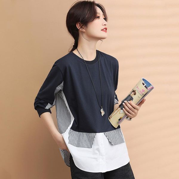 women's t-shirt o-neck stitching stripe for 2021 spring looks like two pieces korean lady lazy casual large size l xl, White
women's t-shirt o-neck stitching stripe for 2021 spring looks like two pieces korean lady lazy casual large size l xl, White