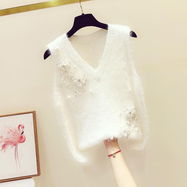 women's sweaters 2021 autumn sequins beaded sleeveless mink cashmere v-neck sweater vest coat woman fashion jumper knitwear, White;black
women's sweaters 2021 autumn sequins beaded sleeveless mink cashmere v-neck sweater vest coat woman fashion jumper knitwear, White;black