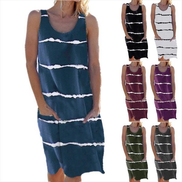 fashion summer casual o neck womens dress sleeveless vest striped pockets loose beach s 5xl, Black;gray 
fashion summer casual o neck womens dress sleeveless vest striped pockets loose beach s 5xl, Black;gray