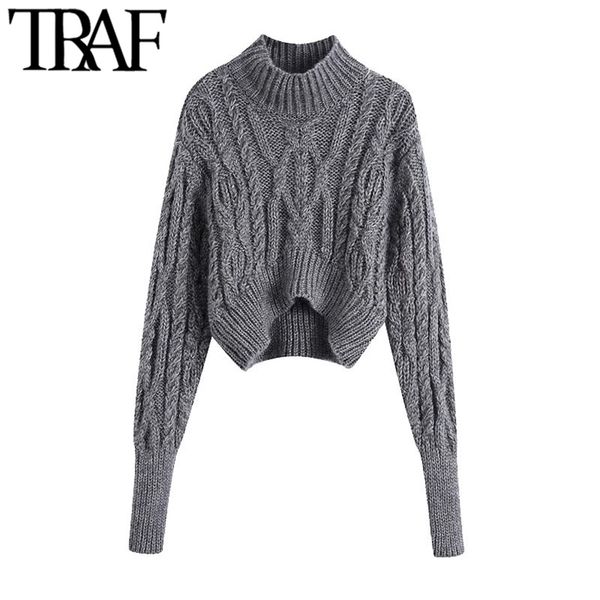 women fashion asymmetric cropped cable-knit sweater vintage high neck lantern sleeve female pullovers chic 210507, White;black
women fashion asymmetric cropped cable-knit sweater vintage high neck lantern sleeve female pullovers chic 210507, White;black
