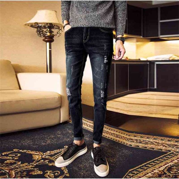 men's jeans spring autumn casual men's ripped hole jeans slim fit youth elastic feet teenager retro pencil pants 6in1, Blue
men's jeans spring autumn casual men's ripped hole jeans slim fit youth elastic feet teenager retro pencil pants 6in1, Blue