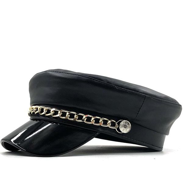 berets simple women black military hats autumn winter fashion wool pu leather chain sboy caps with belt female gorras, Blue;gray
berets simple women black military hats autumn winter fashion wool pu leather chain sboy caps with belt female gorras, Blue;gray