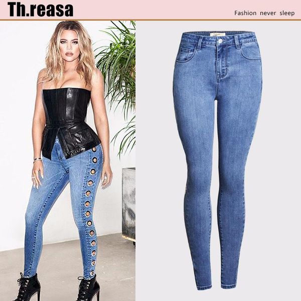 women's jeans high-quality 2021 slim feet side corns denim trousers women woman, Blue
women's jeans high-quality 2021 slim feet side corns denim trousers women woman, Blue