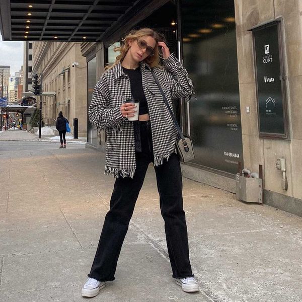 women jacket houndstooth overshirt fringe detail rough edge chic lady fashion casual woman coat outfits 210709, Black;brown
women jacket houndstooth overshirt fringe detail rough edge chic lady fashion casual woman coat outfits 210709, Black;brown