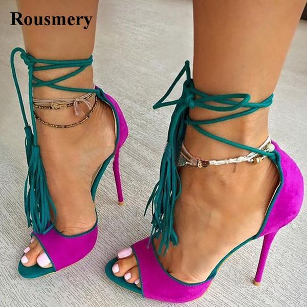 est fuchsia suede leather lace-up fringe gladiator sandals color matched tassels thin high heel real pictures, Black
est fuchsia suede leather lace-up fringe gladiator sandals color matched tassels thin high heel real pictures, Black