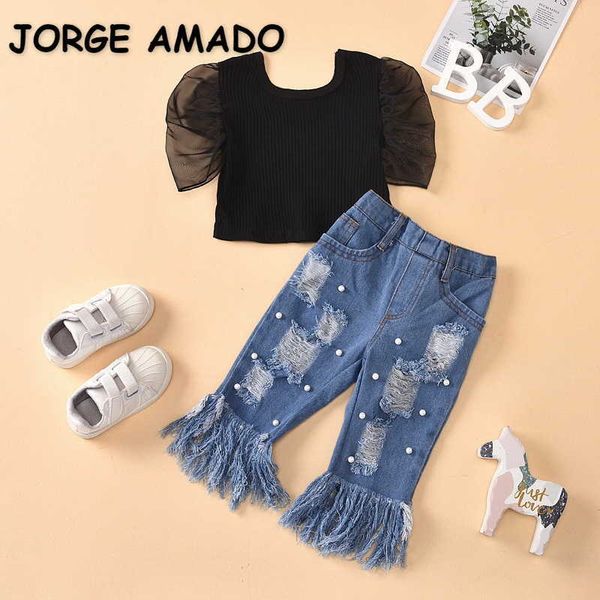 summer girl 2-pcs sets black puff short sleeve shirts + hole tassel pearl jeans kids outfits e1789 210610, White
summer girl 2-pcs sets black puff short sleeve shirts + hole tassel pearl jeans kids outfits e1789 210610, White