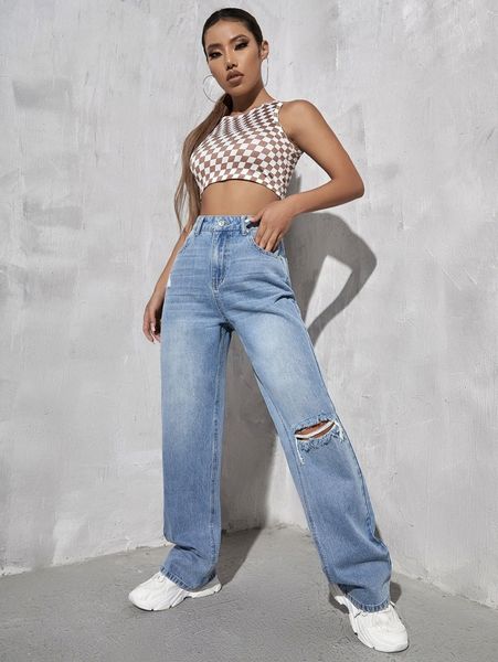 high waist ripped straight leg jeans v7fv#, Blue