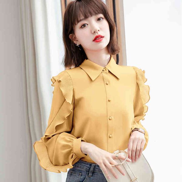 spring style ruffled shirt, women's chiffon niche korean shirt plus size woman women shirts 210427, White 
spring style ruffled shirt, women's chiffon niche korean shirt plus size woman women shirts 210427, White