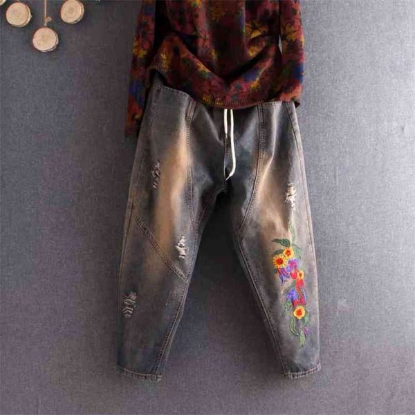 spring arts style women vintage embroidery jeans loose casual elastic waist cotton denim harem pants ripped s475 210512, Blue
spring arts style women vintage embroidery jeans loose casual elastic waist cotton denim harem pants ripped s475 210512, Blue