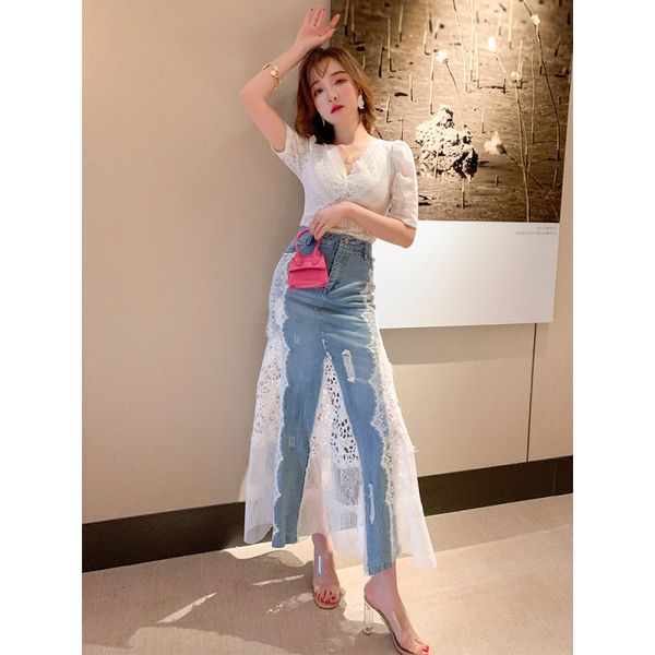 two piece dress ichoix women's clothes from two lace ensemble with cleavage v shirt seam denim fishtail stocking skirt qniu, White
two piece dress ichoix women's clothes from two lace ensemble with cleavage v shirt seam denim fishtail stocking skirt qniu, White