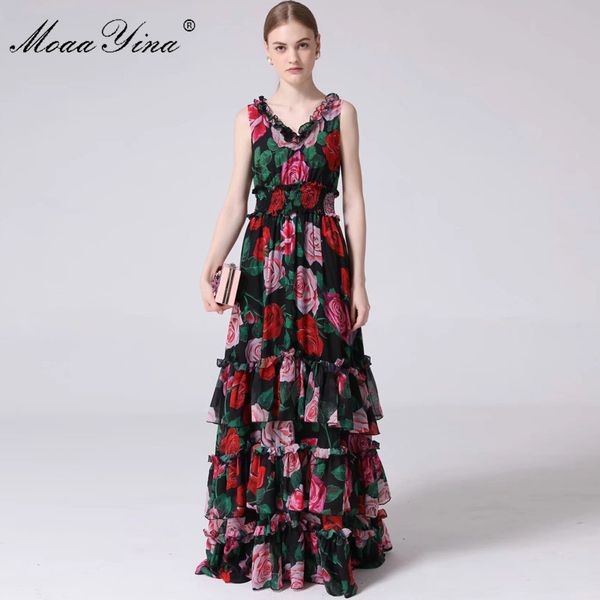 

fashion designer runway dress summer women's v-neck rose floral-print ruffles elastic waist vacation maxi dresses 210524, Black;gray