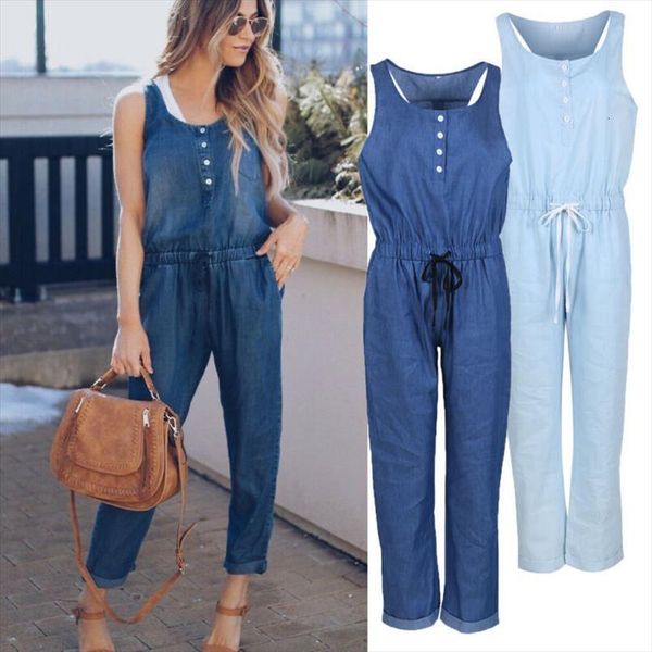 sleeveless button solid color fashion women romper casual jeans european style jumpsuit denim overalls, Black;white
sleeveless button solid color fashion women romper casual jeans european style jumpsuit denim overalls, Black;white