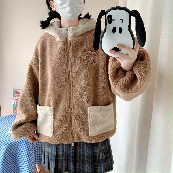 women's jackets cartoon bear bakery graphics lamb wool coat cute women jacket mori girl loose hooded outer wear autumn winter, Black;brown