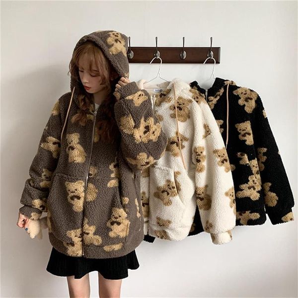 women's jackets winter lamb wool jacket streetwear women zipper with pocket coats casual cartoon bear print loose autumn coat 2021, Black;brown
women's jackets winter lamb wool jacket streetwear women zipper with pocket coats casual cartoon bear print loose autumn coat 2021, Black;brown