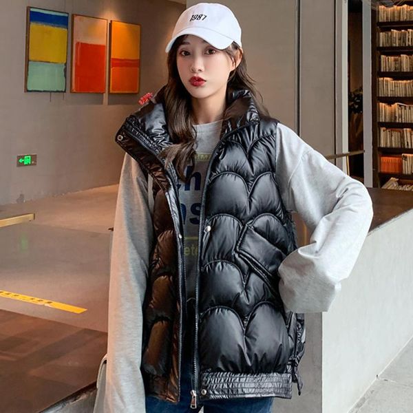 women's vests 2021 autumn winter shiny puffer vest solid stand collar zipper ladies sleeveless jacket casual loose plus size waistcoat, Black;white
women's vests 2021 autumn winter shiny puffer vest solid stand collar zipper ladies sleeveless jacket casual loose plus size waistcoat, Black;white