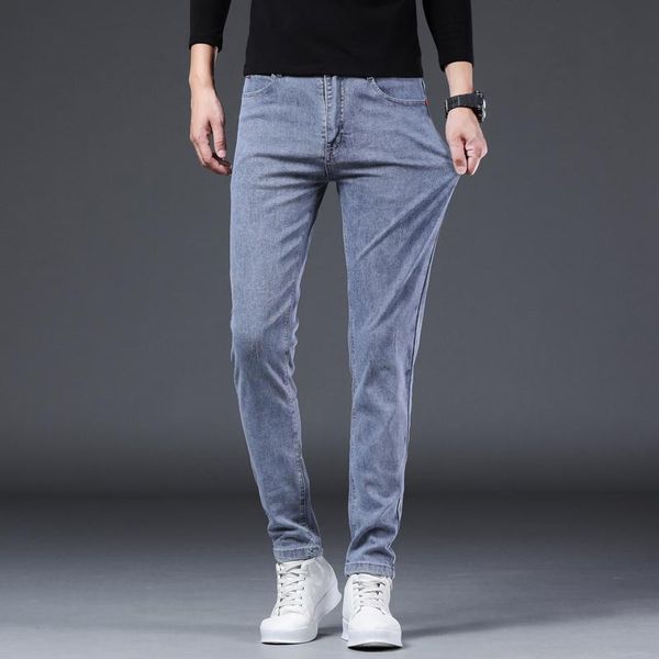 men's jeans skinny for men stretch 2021 autumn arrivals light blue gray man casual pant denim trousers boys
