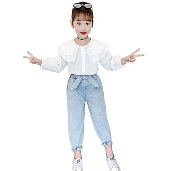 girls school clothes patchwork teenage clothing blouse + denim jeans kids casual style children's 210528, White
girls school clothes patchwork teenage clothing blouse + denim jeans kids casual style children's 210528, White