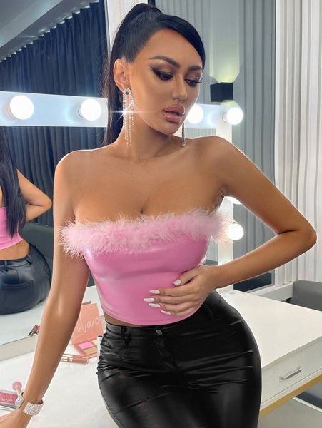 sxy fuzzy trim crop pu leather tube 31z9#, White
sxy fuzzy trim crop pu leather tube 31z9#, White