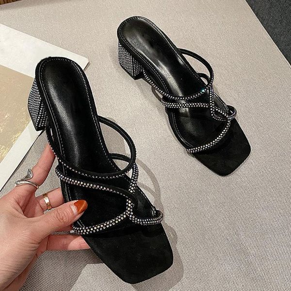 female rhinestone sandals cross-tied block high heels square toe slippers summer women shoes elegant slides flip flops, Black
female rhinestone sandals cross-tied block high heels square toe slippers summer women shoes elegant slides flip flops, Black