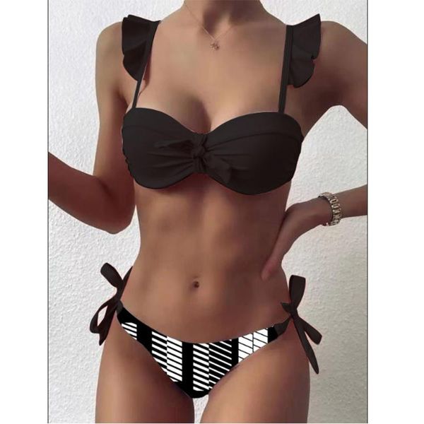 women's swimwear striped lace ruffle push up women bandeau swimsuit female bra cup bikini set high cut bathing suit, White;black
women's swimwear striped lace ruffle push up women bandeau swimsuit female bra cup bikini set high cut bathing suit, White;black