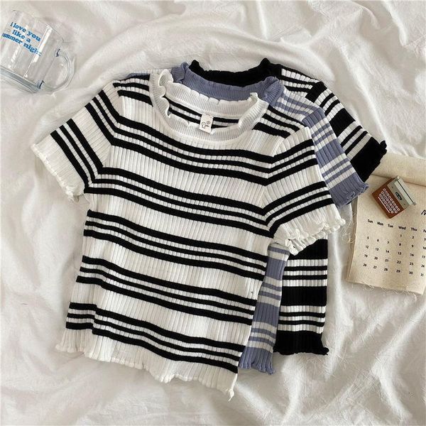 striped women t-shirts short sleeve knitted office lady vintage clothes 2021 summer slim fit minimalist roupas feminina women's t-shirt, White
striped women t-shirts short sleeve knitted office lady vintage clothes 2021 summer slim fit minimalist roupas feminina women's t-shirt, White