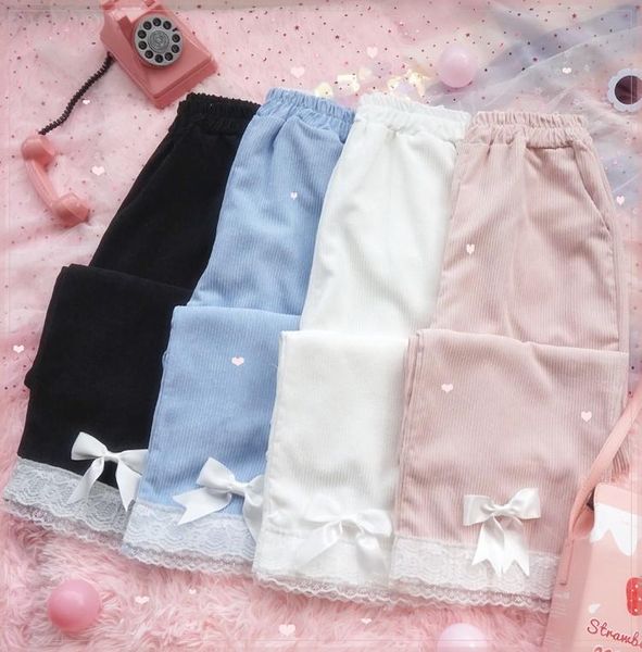 women's pants & capris japanese kawaii lolita girl bowknot corduroy women trousers autumn winter loose wide leg lace trim straight-leg, Black;white
women's pants & capris japanese kawaii lolita girl bowknot corduroy women trousers autumn winter loose wide leg lace trim straight-leg, Black;white