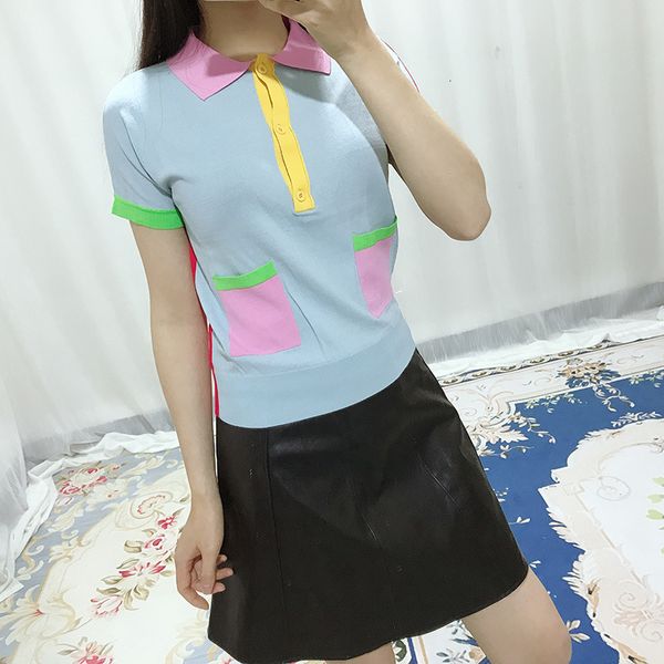 tee candy patchwork tshirt summer contrast lapel double pocket short sleeve shirt women knitted, White
tee candy patchwork tshirt summer contrast lapel double pocket short sleeve shirt women knitted, White