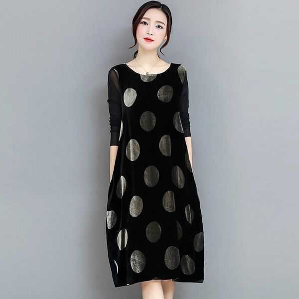 casual dresses women plus size autumn winter long gold velvet splice dots pattern o neck sleeve loose lady black dress qh1292, Black;gray
casual dresses women plus size autumn winter long gold velvet splice dots pattern o neck sleeve loose lady black dress qh1292, Black;gray