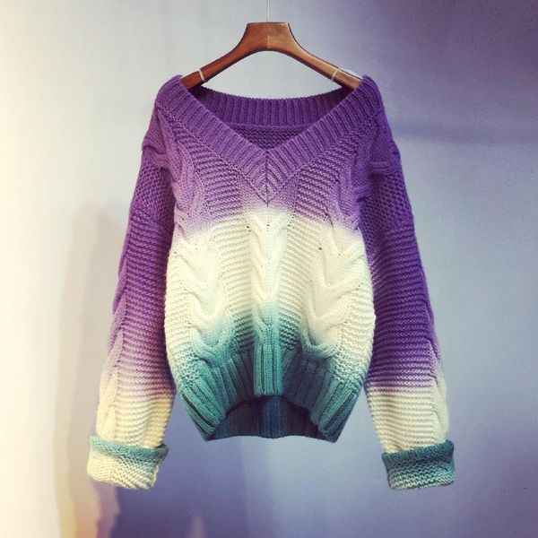 women's sweaters 2021 autumn korean style tie-dye gradient color cable-knit sweater v-neck loose casual pullover for women, White;black
women's sweaters 2021 autumn korean style tie-dye gradient color cable-knit sweater v-neck loose casual pullover for women, White;black