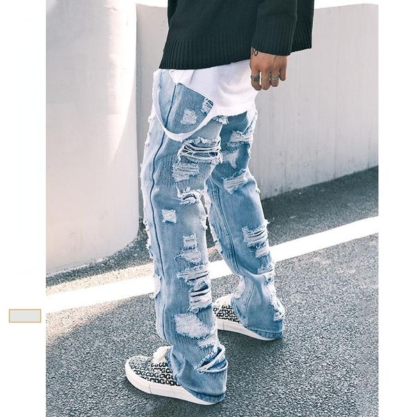 men's jeans spring and autumn double-layer worn ripped slim fit straight pants, Blue
men's jeans spring and autumn double-layer worn ripped slim fit straight pants, Blue