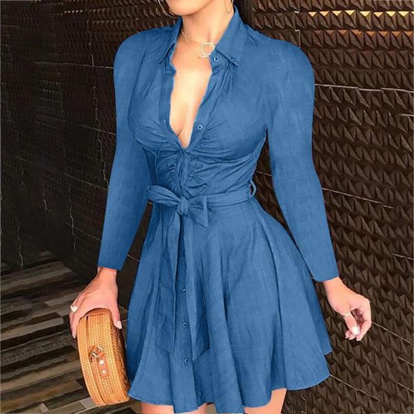 casual dresses 40# low cut lapel dress women solid color long sleeve buttons pleated mini elegant office lady bandage vestidos, Black;gray
casual dresses 40# low cut lapel dress women solid color long sleeve buttons pleated mini elegant office lady bandage vestidos, Black;gray