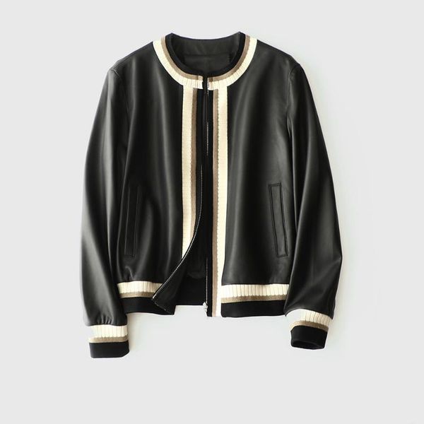 women's leather & faux 2021 autumn italian first layer sheep skin thread splicing jacket women, Black
women's leather & faux 2021 autumn italian first layer sheep skin thread splicing jacket women, Black