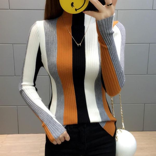 women's sweaters 2021 long sleeve rainbow stripe sweater contrast knitted pullover winter clothes turtleneck knitwear slim women jumper, White;black
women's sweaters 2021 long sleeve rainbow stripe sweater contrast knitted pullover winter clothes turtleneck knitwear slim women jumper, White;black