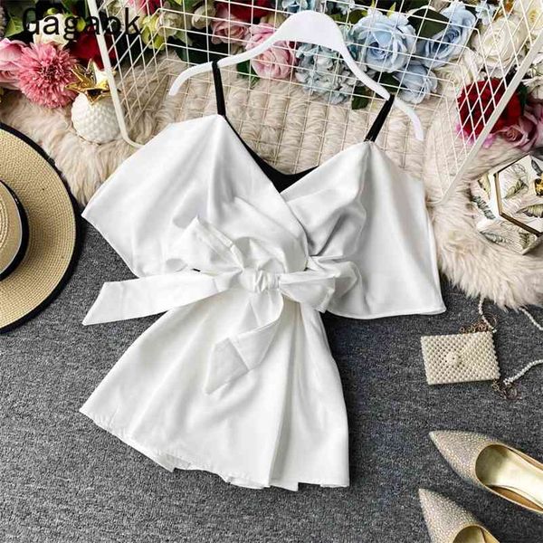 women high street fake two shirt summer solid v-neck cami bow short slim chic wild korean and blouses 210531, White
women high street fake two shirt summer solid v-neck cami bow short slim chic wild korean and blouses 210531, White
