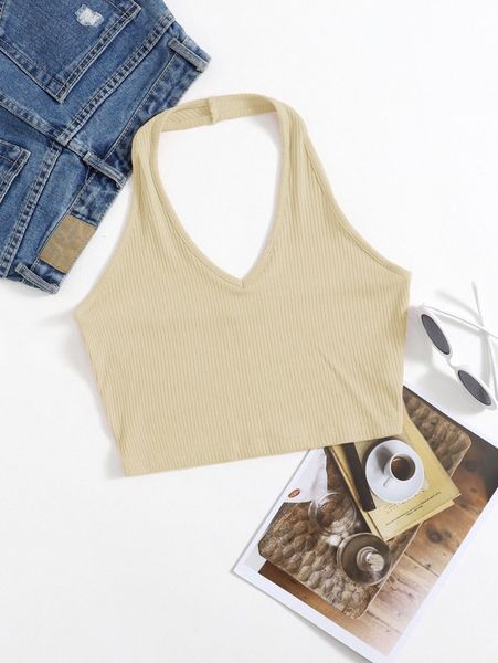 rib-knit crop halter i9cj#, White