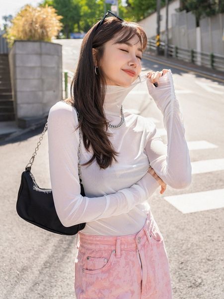 dazy solid high neck sheer u1t4#, White