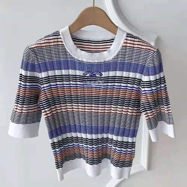 high-quality women's knits, spring and summer knitted sweaters, fine round neck striped woven vest, short-sleeved fashion pullover, White
high-quality women's knits, spring and summer knitted sweaters, fine round neck striped woven vest, short-sleeved fashion pullover, White