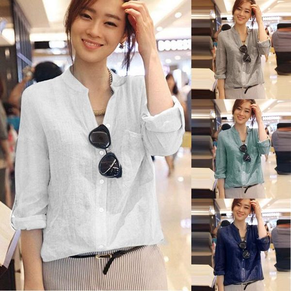 women's blouses & shirts womail fashion woman 2021 three quarter sleeve stand collar female linen solid long blouse, White
women's blouses & shirts womail fashion woman 2021 three quarter sleeve stand collar female linen solid long blouse, White