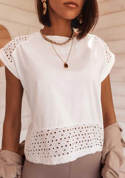 women's t-shirt yldsgs casual solid lace stitching cotton women summer hollow out sleeves o-neck female leisure basic, White
women's t-shirt yldsgs casual solid lace stitching cotton women summer hollow out sleeves o-neck female leisure basic, White